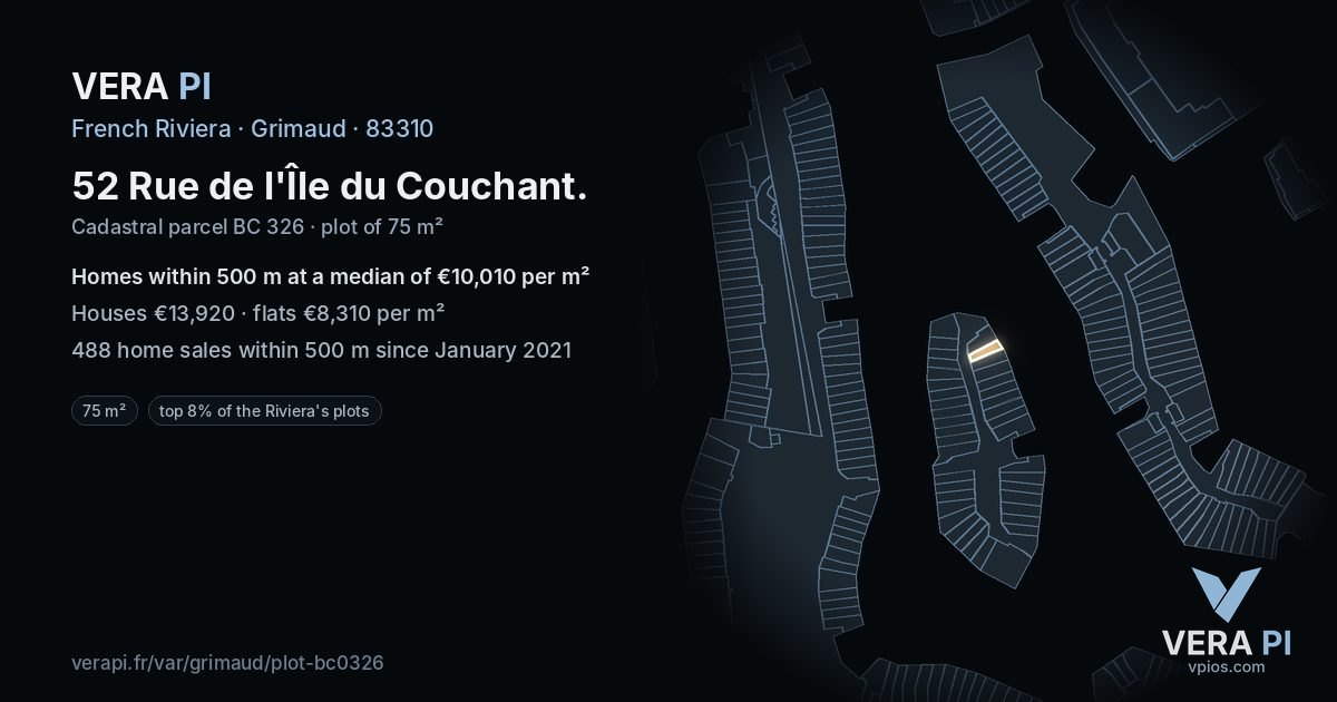 52 Rue de l'Île du Couchant, Grimaud at night – the plot lit, the parcels around coloured by the prices near them