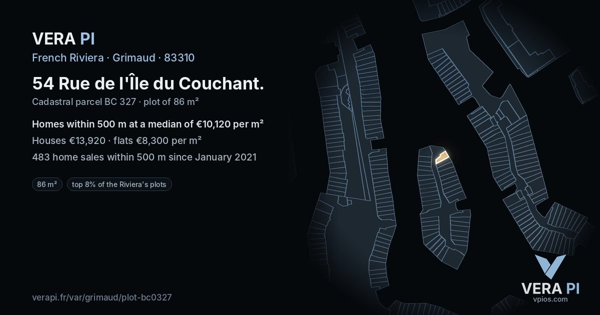 54 Rue de l'Île du Couchant, Grimaud at night – the plot lit, the parcels around coloured by the prices near them