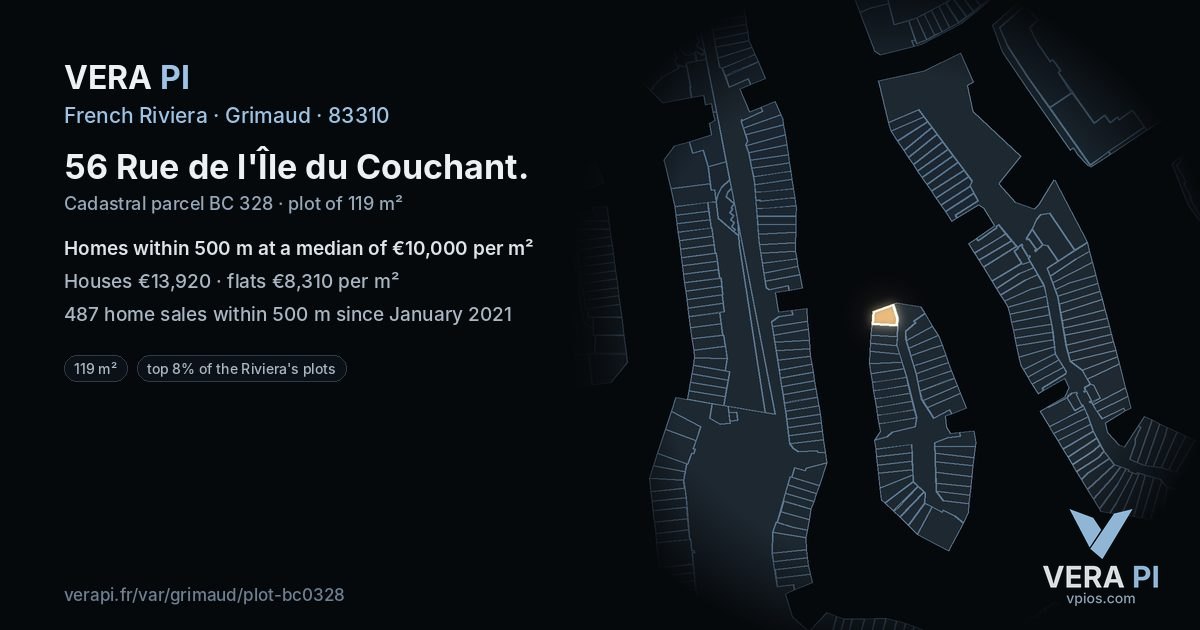 56 Rue de l'Île du Couchant, Grimaud at night – the plot lit, the parcels around coloured by the prices near them
