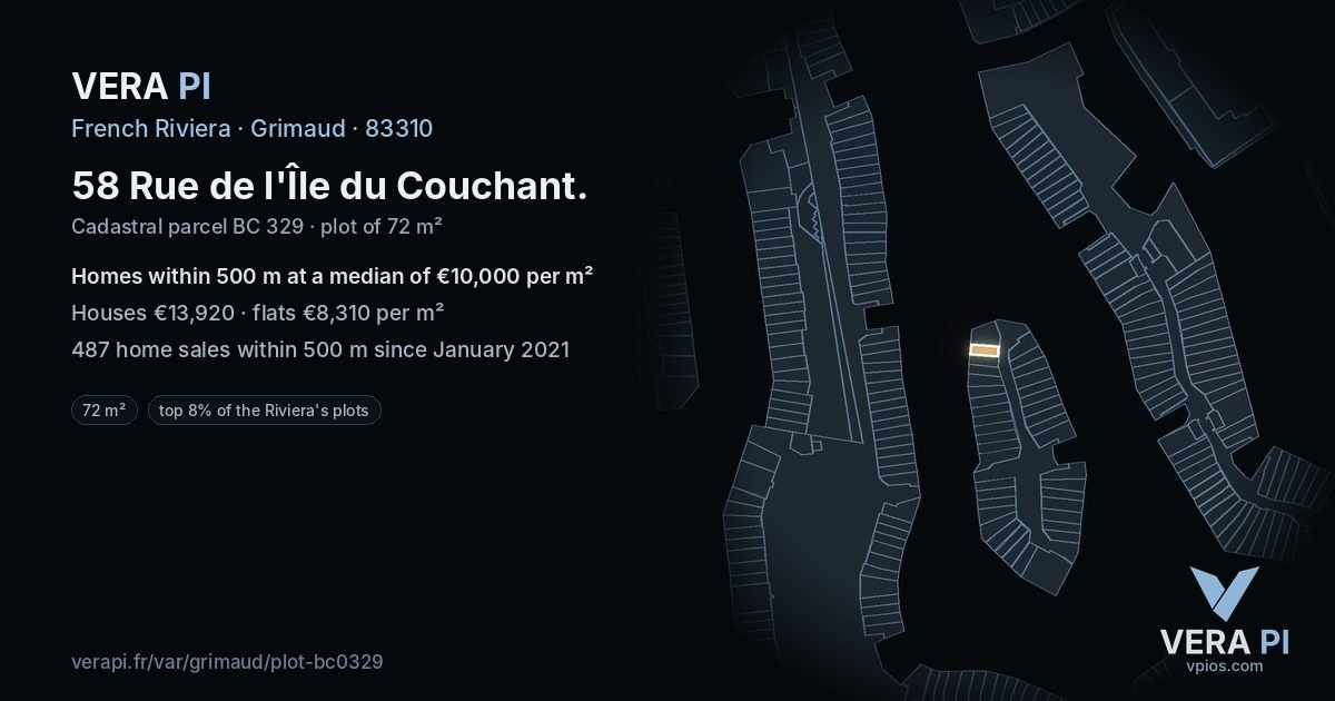 58 Rue de l'Île du Couchant, Grimaud at night – the plot lit, the parcels around coloured by the prices near them