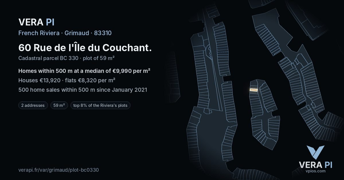 60 Rue de l'Île du Couchant, Grimaud at night – the plot lit, the parcels around coloured by the prices near them