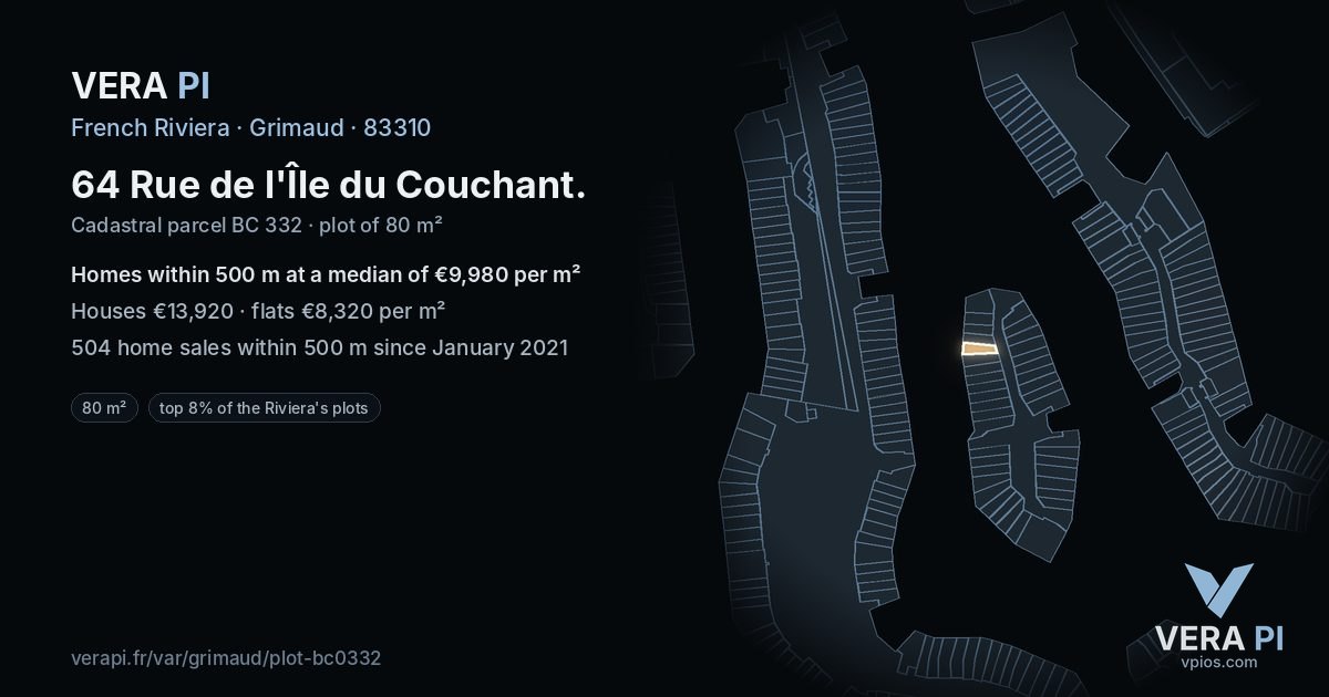 64 Rue de l'Île du Couchant, Grimaud at night – the plot lit, the parcels around coloured by the prices near them