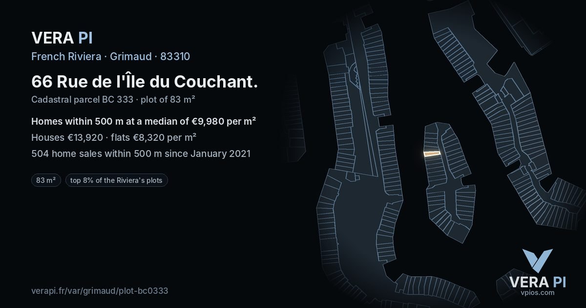 66 Rue de l'Île du Couchant, Grimaud at night – the plot lit, the parcels around coloured by the prices near them