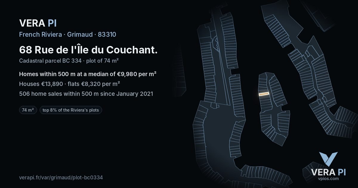 68 Rue de l'Île du Couchant, Grimaud at night – the plot lit, the parcels around coloured by the prices near them
