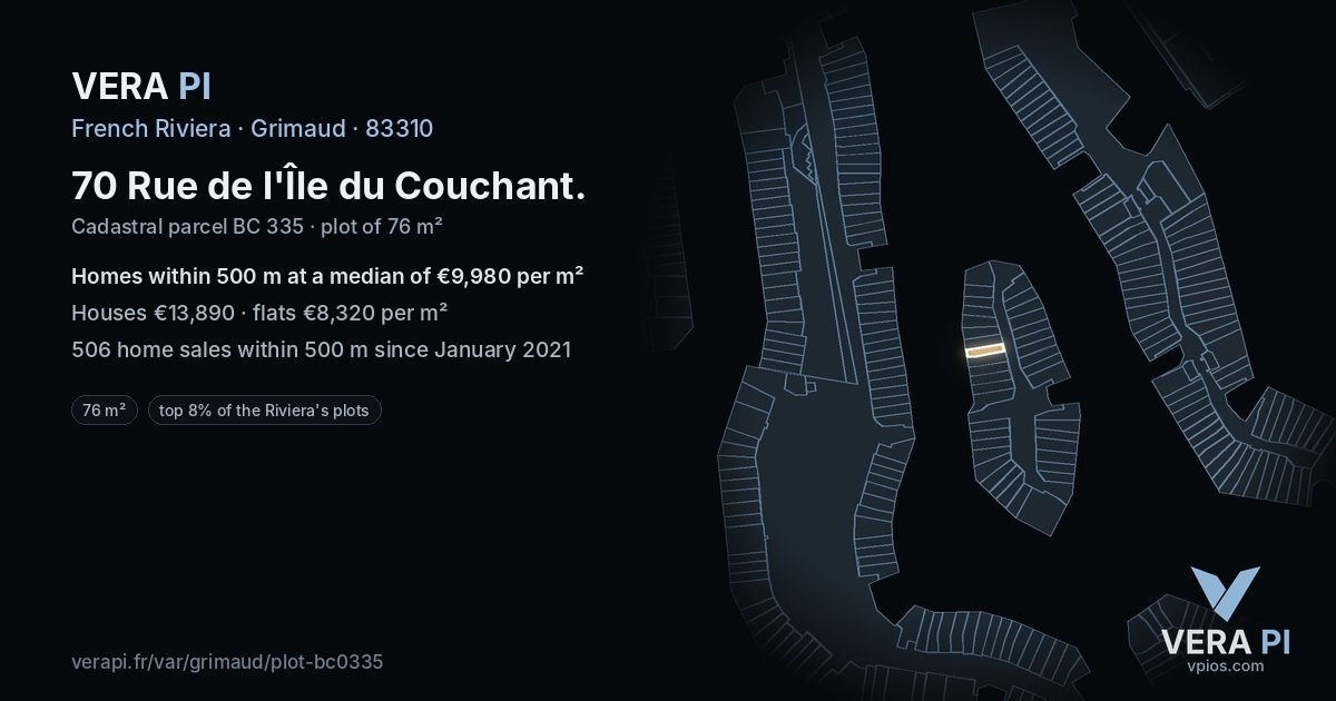 70 Rue de l'Île du Couchant, Grimaud at night – the plot lit, the parcels around coloured by the prices near them