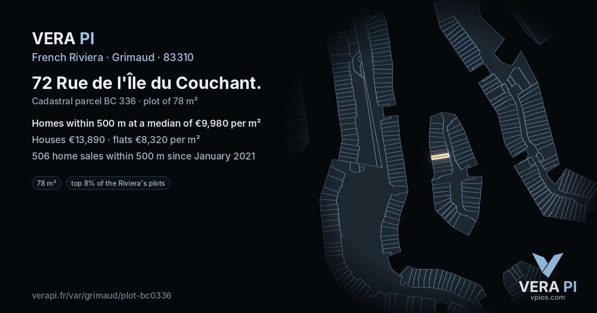 72 Rue de l'Île du Couchant, Grimaud at night – the plot lit, the parcels around coloured by the prices near them