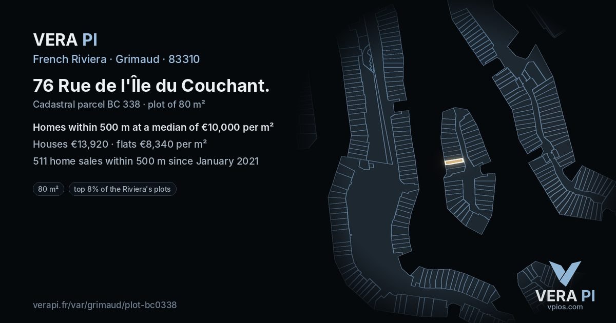 76 Rue de l'Île du Couchant, Grimaud at night – the plot lit, the parcels around coloured by the prices near them