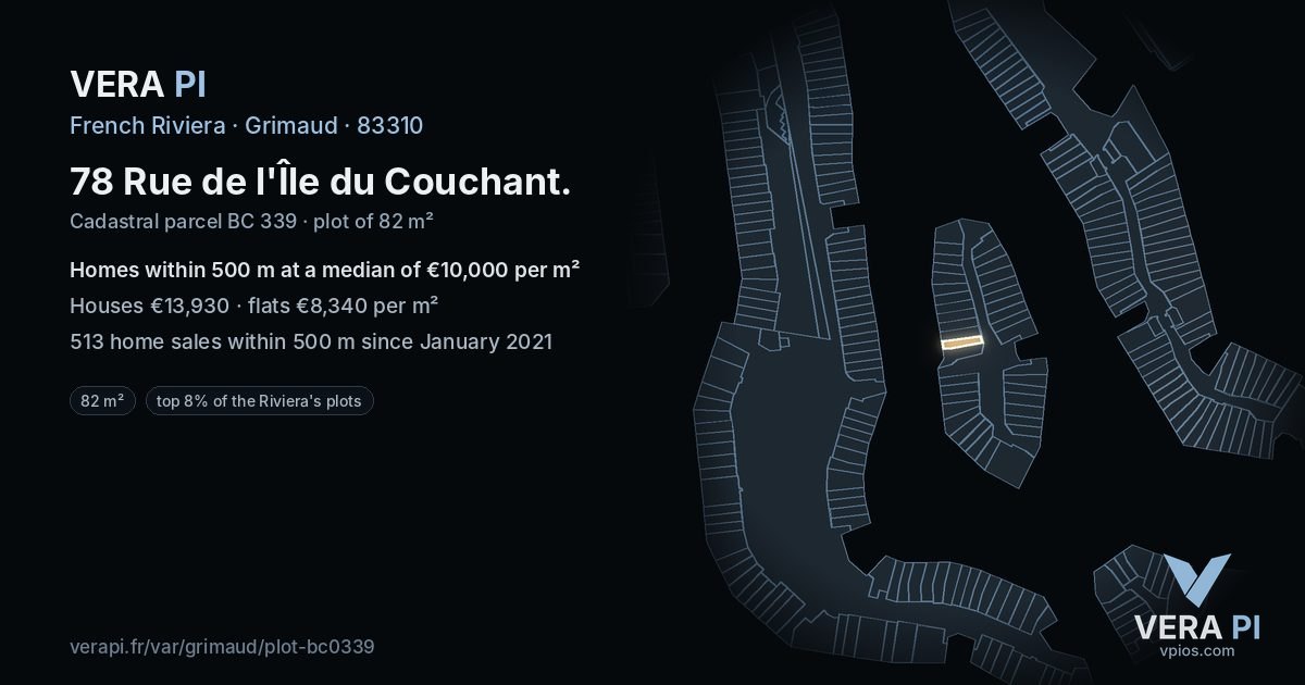 78 Rue de l'Île du Couchant, Grimaud at night – the plot lit, the parcels around coloured by the prices near them