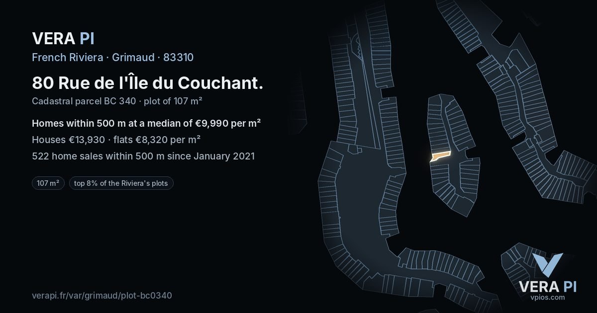 80 Rue de l'Île du Couchant, Grimaud at night – the plot lit, the parcels around coloured by the prices near them