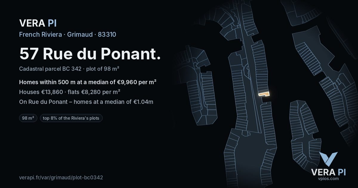 57 Rue du Ponant, Grimaud at night – the plot lit, the parcels around coloured by the prices near them