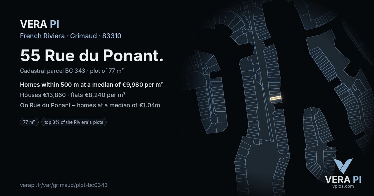 55 Rue du Ponant, Grimaud at night – the plot lit, the parcels around coloured by the prices near them