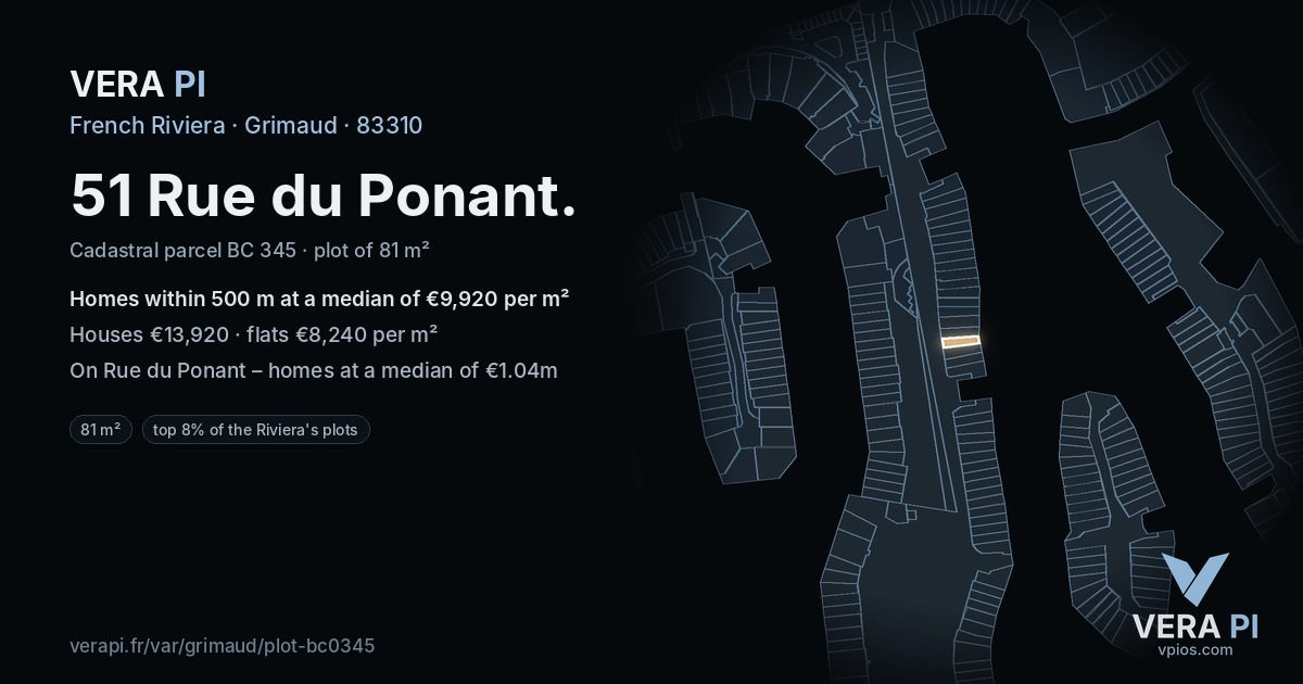 51 Rue du Ponant, Grimaud at night – the plot lit, the parcels around coloured by the prices near them