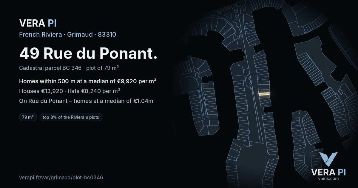49 Rue du Ponant, Grimaud at night – the plot lit, the parcels around coloured by the prices near them