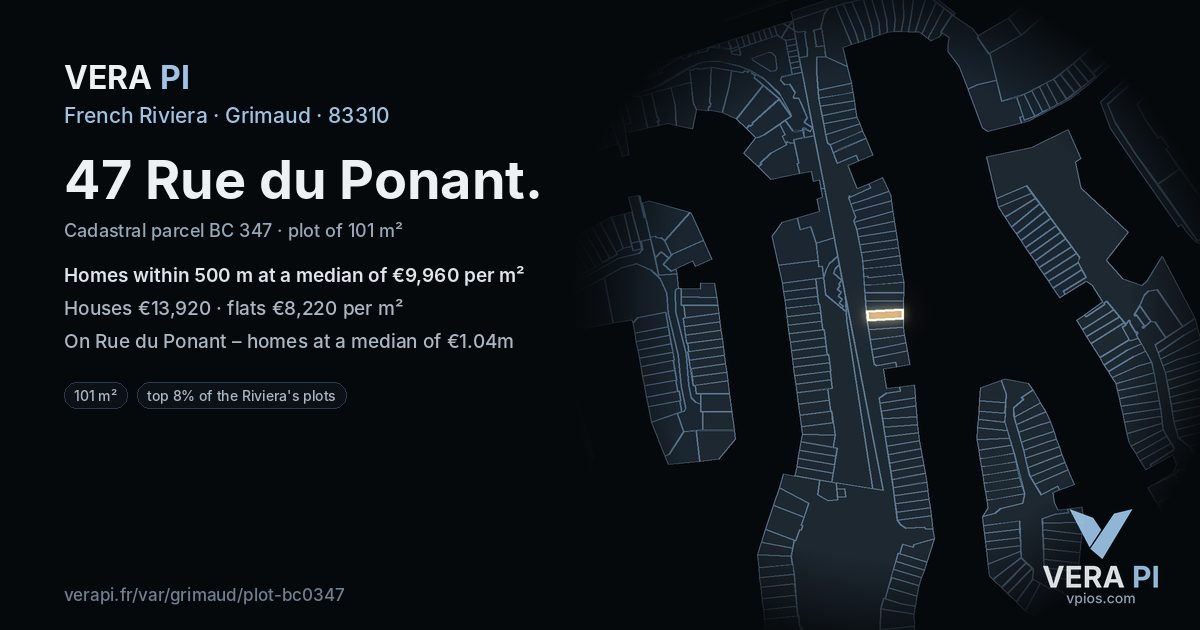 47 Rue du Ponant, Grimaud at night – the plot lit, the parcels around coloured by the prices near them