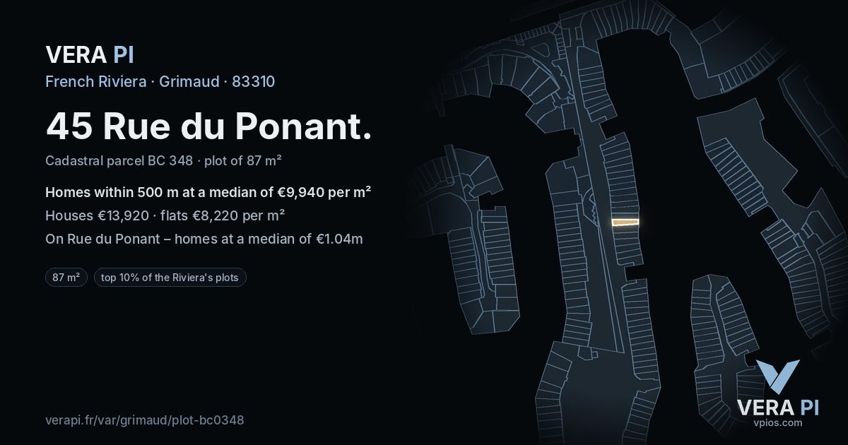 45 Rue du Ponant, Grimaud at night – the plot lit, the parcels around coloured by the prices near them