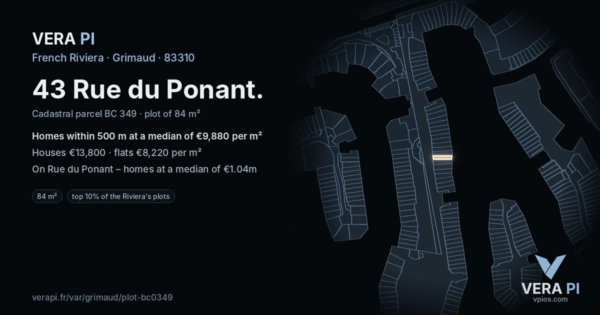 43 Rue du Ponant, Grimaud at night – the plot lit, the parcels around coloured by the prices near them