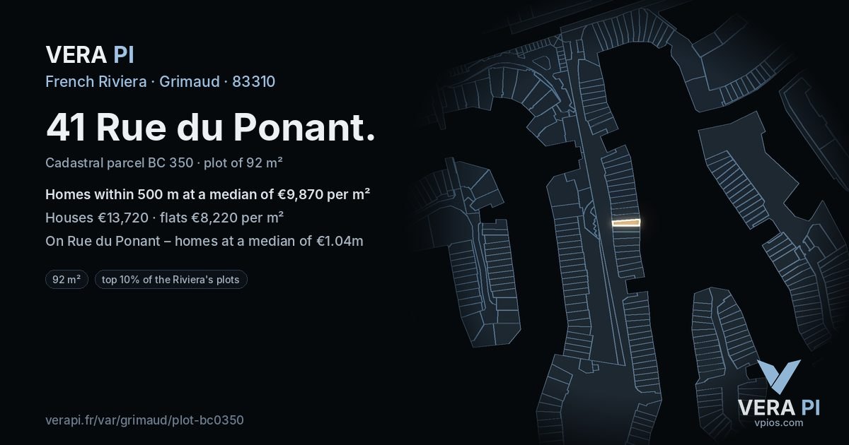 41 Rue du Ponant, Grimaud at night – the plot lit, the parcels around coloured by the prices near them