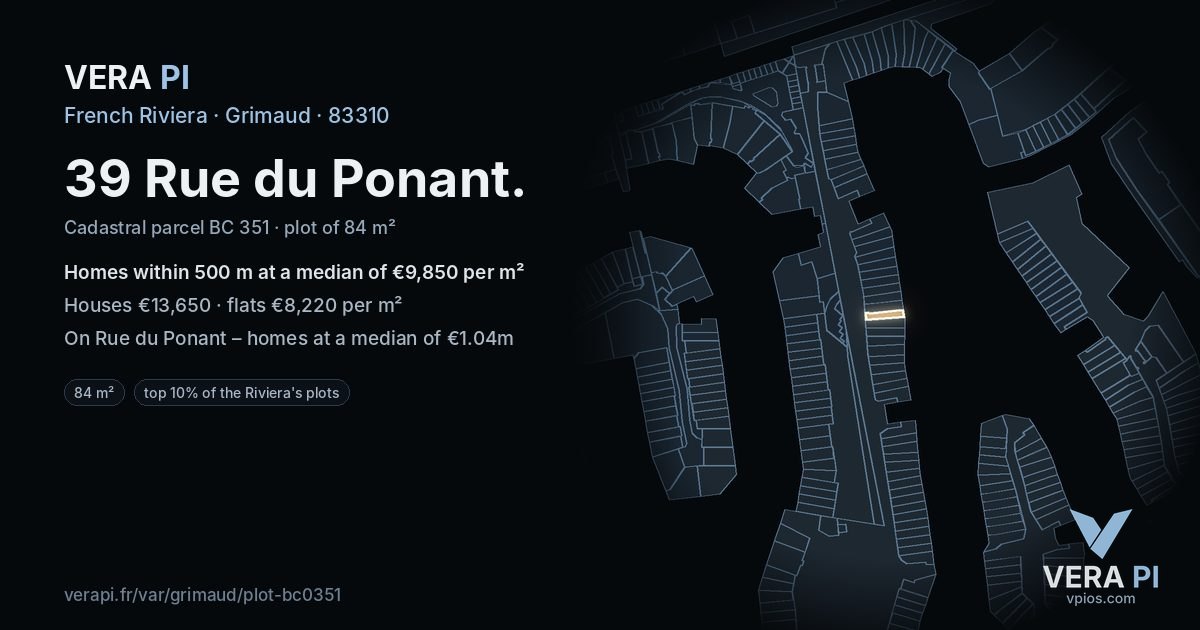 39 Rue du Ponant, Grimaud at night – the plot lit, the parcels around coloured by the prices near them