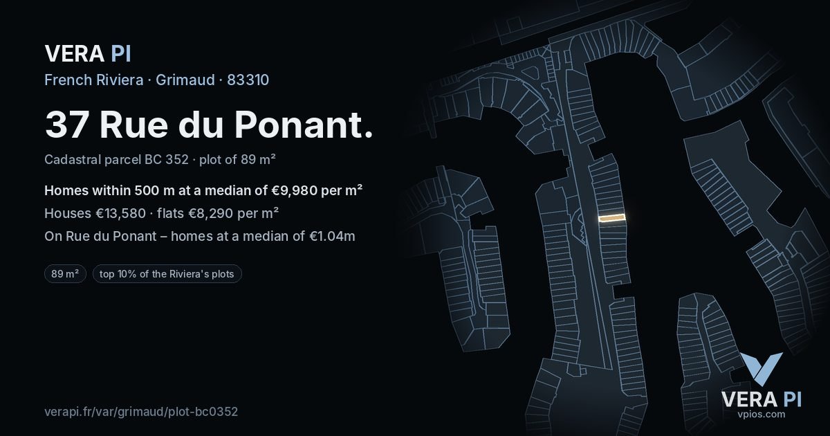 37 Rue du Ponant, Grimaud at night – the plot lit, the parcels around coloured by the prices near them