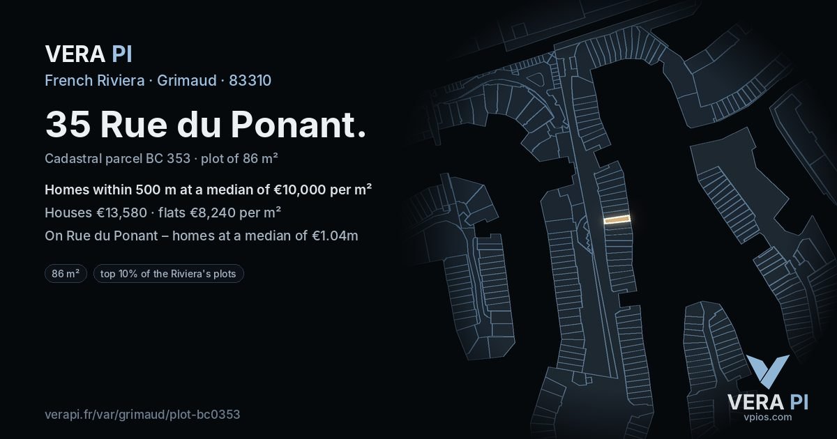 35 Rue du Ponant, Grimaud at night – the plot lit, the parcels around coloured by the prices near them