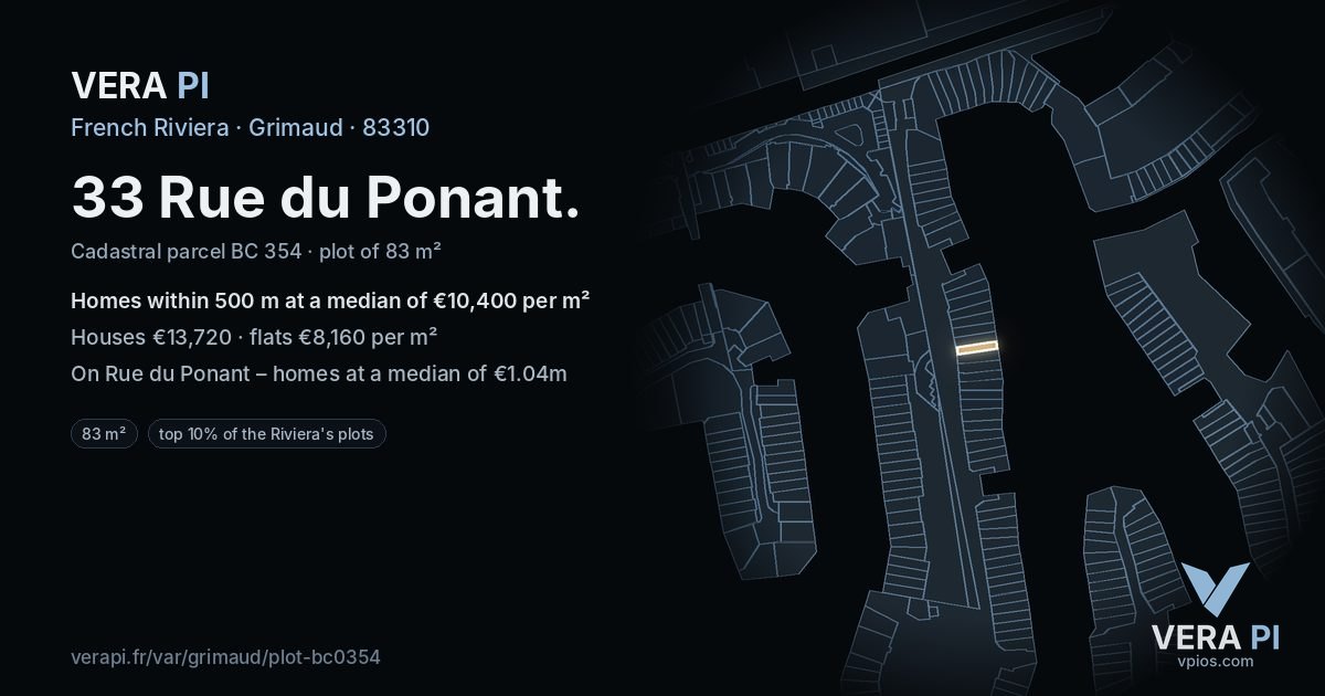 33 Rue du Ponant, Grimaud at night – the plot lit, the parcels around coloured by the prices near them