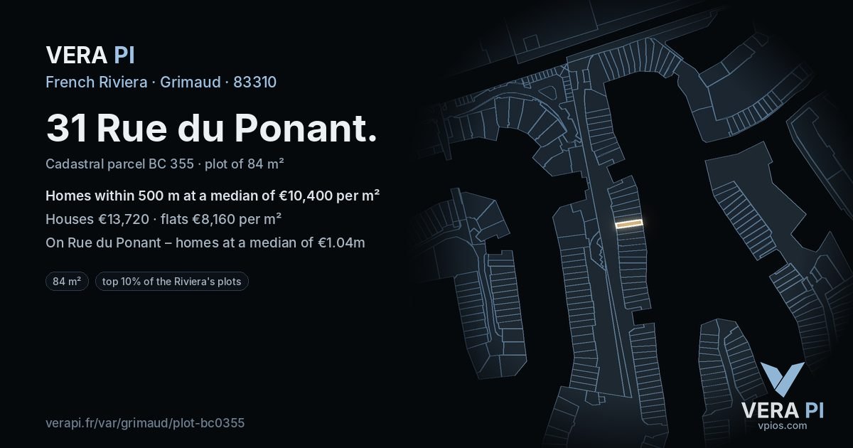 31 Rue du Ponant, Grimaud at night – the plot lit, the parcels around coloured by the prices near them