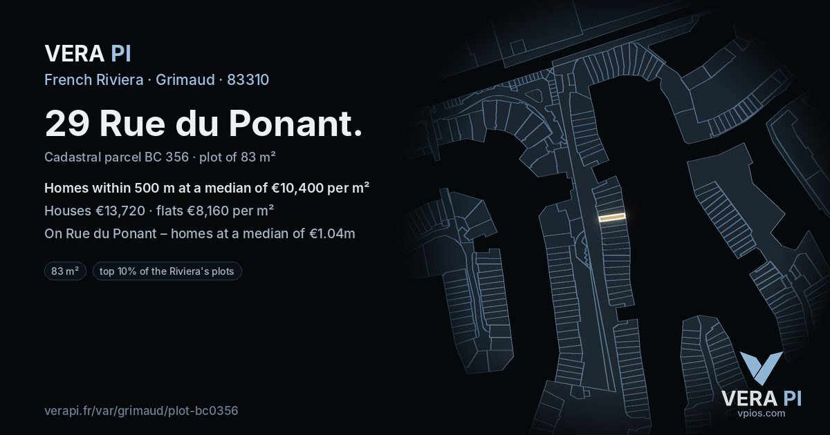 29 Rue du Ponant, Grimaud at night – the plot lit, the parcels around coloured by the prices near them