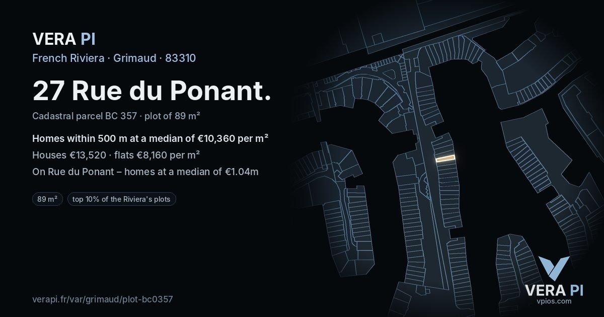 27 Rue du Ponant, Grimaud at night – the plot lit, the parcels around coloured by the prices near them