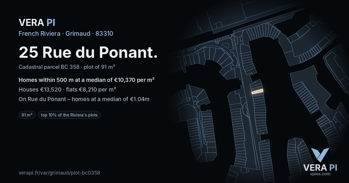 25 Rue du Ponant, Grimaud at night – the plot lit, the parcels around coloured by the prices near them
