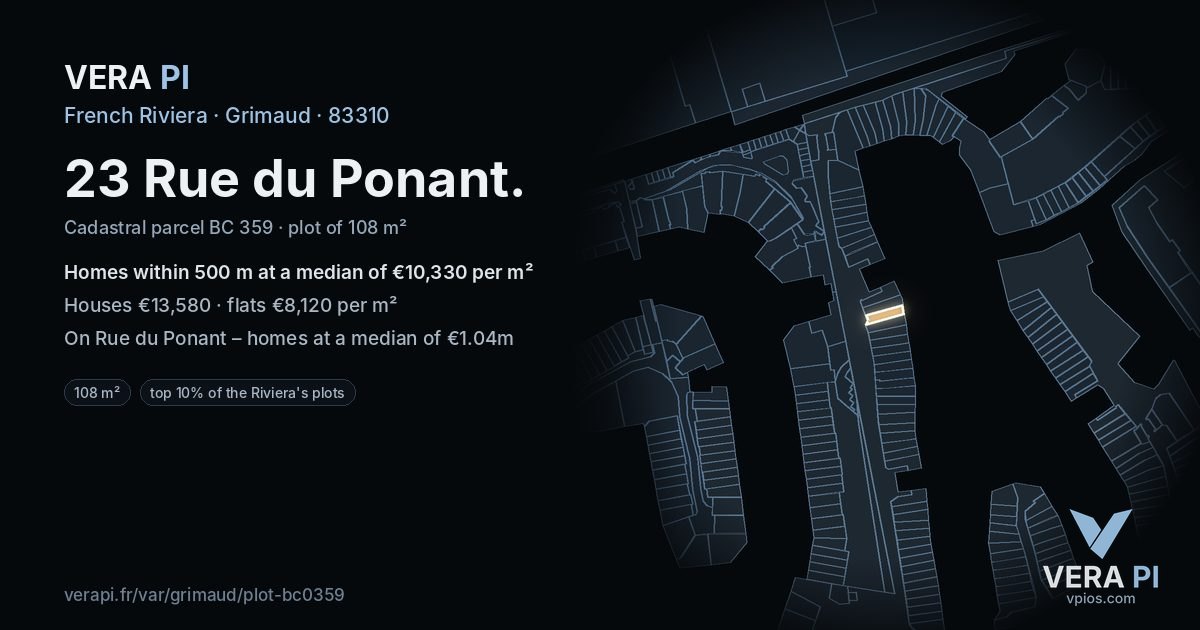 23 Rue du Ponant, Grimaud at night – the plot lit, the parcels around coloured by the prices near them