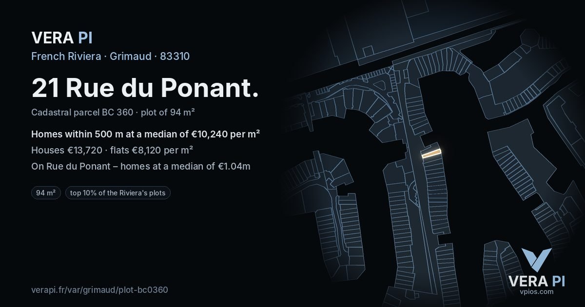 21 Rue du Ponant, Grimaud at night – the plot lit, the parcels around coloured by the prices near them