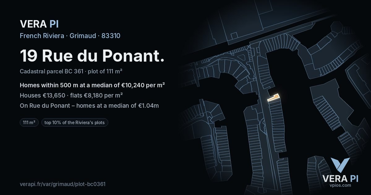 19 Rue du Ponant, Grimaud at night – the plot lit, the parcels around coloured by the prices near them