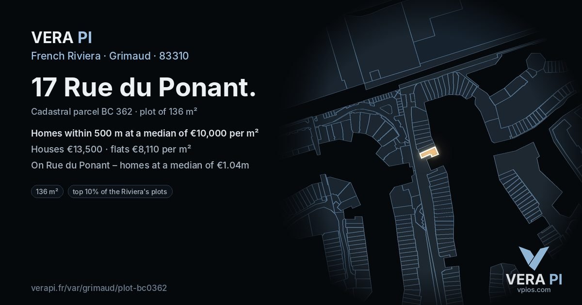 17 Rue du Ponant, Grimaud at night – the plot lit, the parcels around coloured by the prices near them