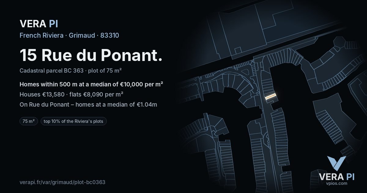 15 Rue du Ponant, Grimaud at night – the plot lit, the parcels around coloured by the prices near them