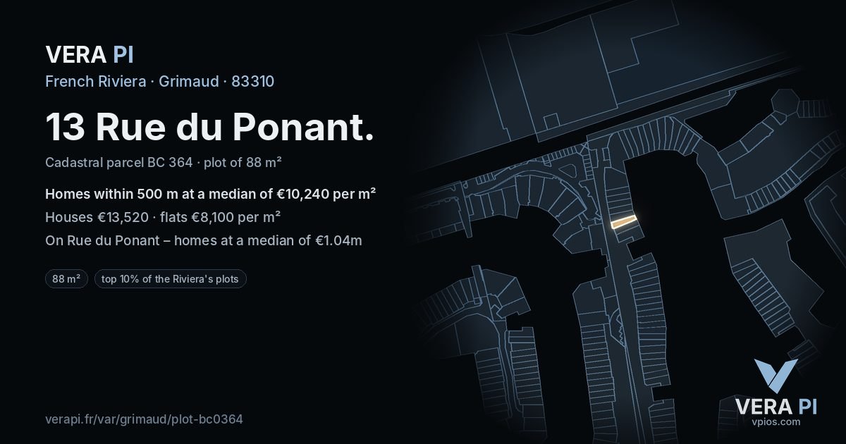 13 Rue du Ponant, Grimaud at night – the plot lit, the parcels around coloured by the prices near them