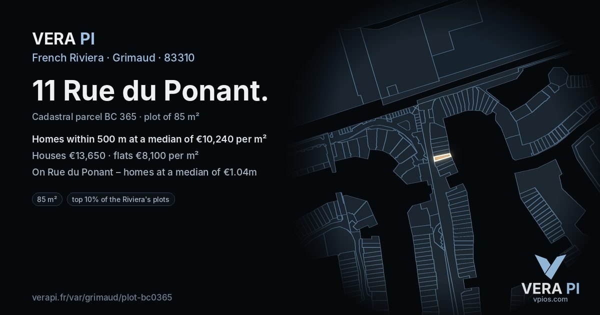 11 Rue du Ponant, Grimaud at night – the plot lit, the parcels around coloured by the prices near them