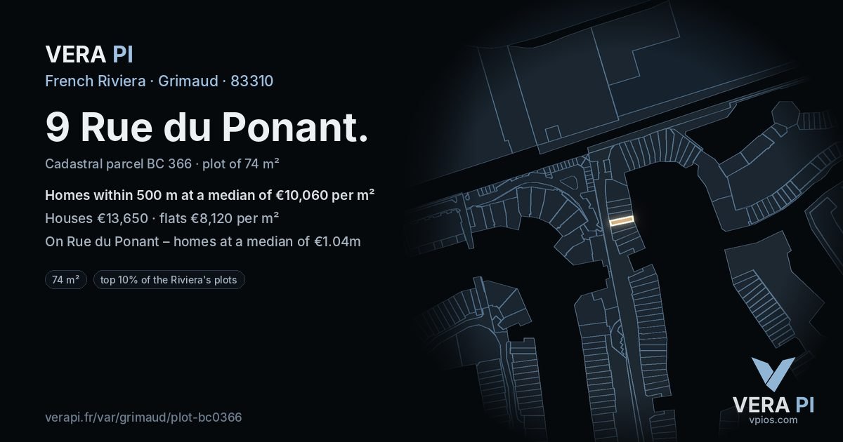 9 Rue du Ponant, Grimaud at night – the plot lit, the parcels around coloured by the prices near them