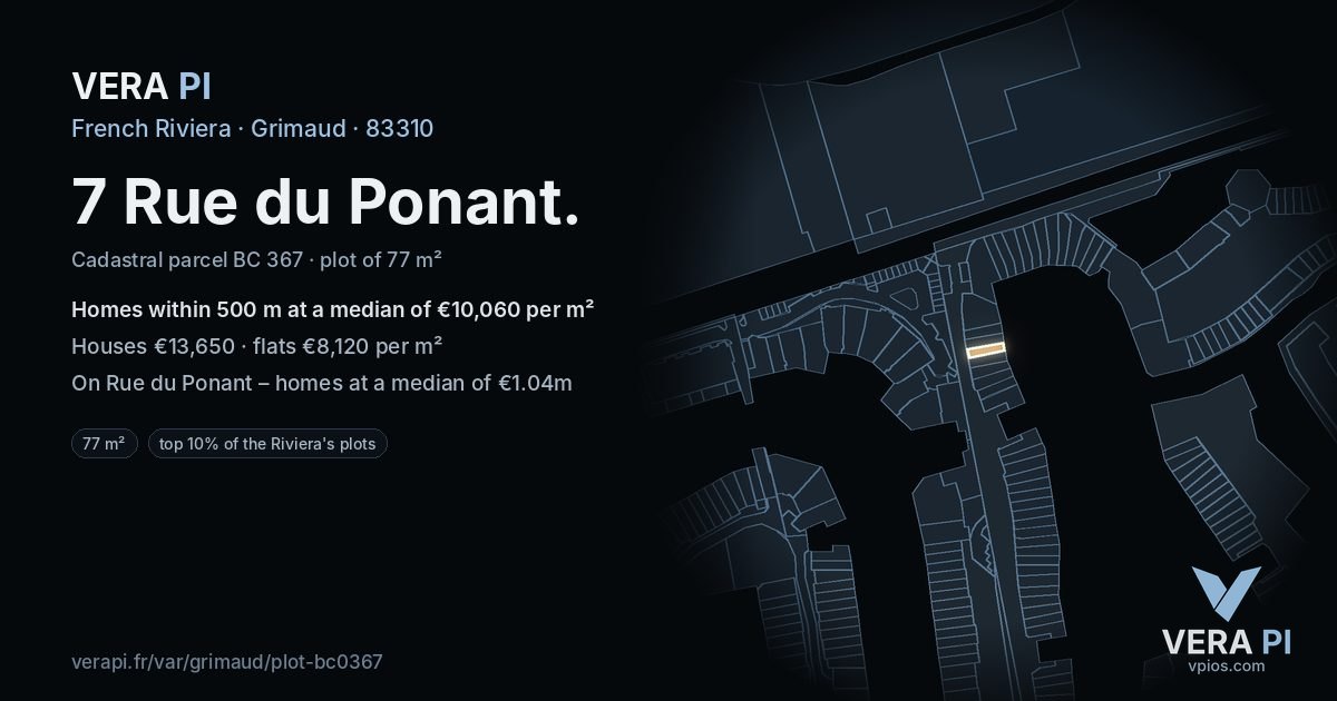 7 Rue du Ponant, Grimaud at night – the plot lit, the parcels around coloured by the prices near them