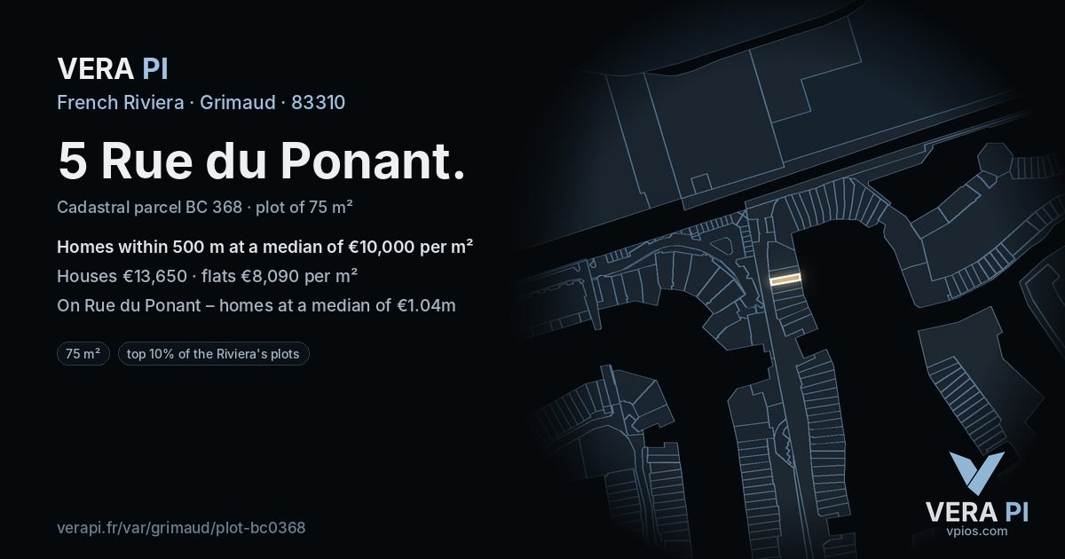 5 Rue du Ponant, Grimaud at night – the plot lit, the parcels around coloured by the prices near them