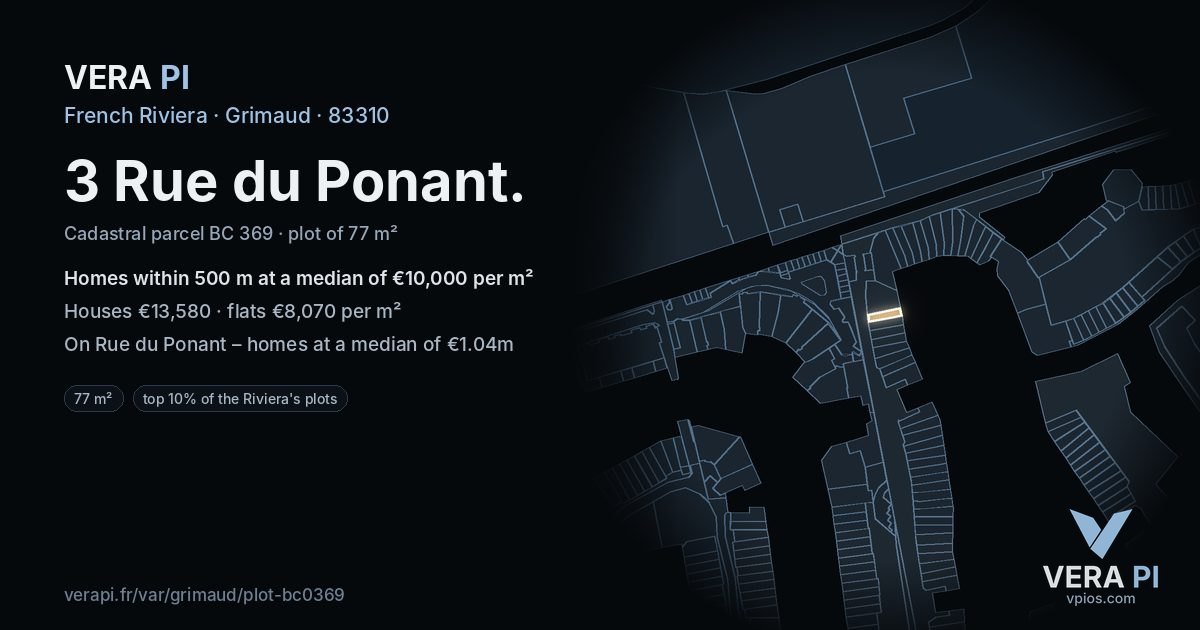 3 Rue du Ponant, Grimaud at night – the plot lit, the parcels around coloured by the prices near them