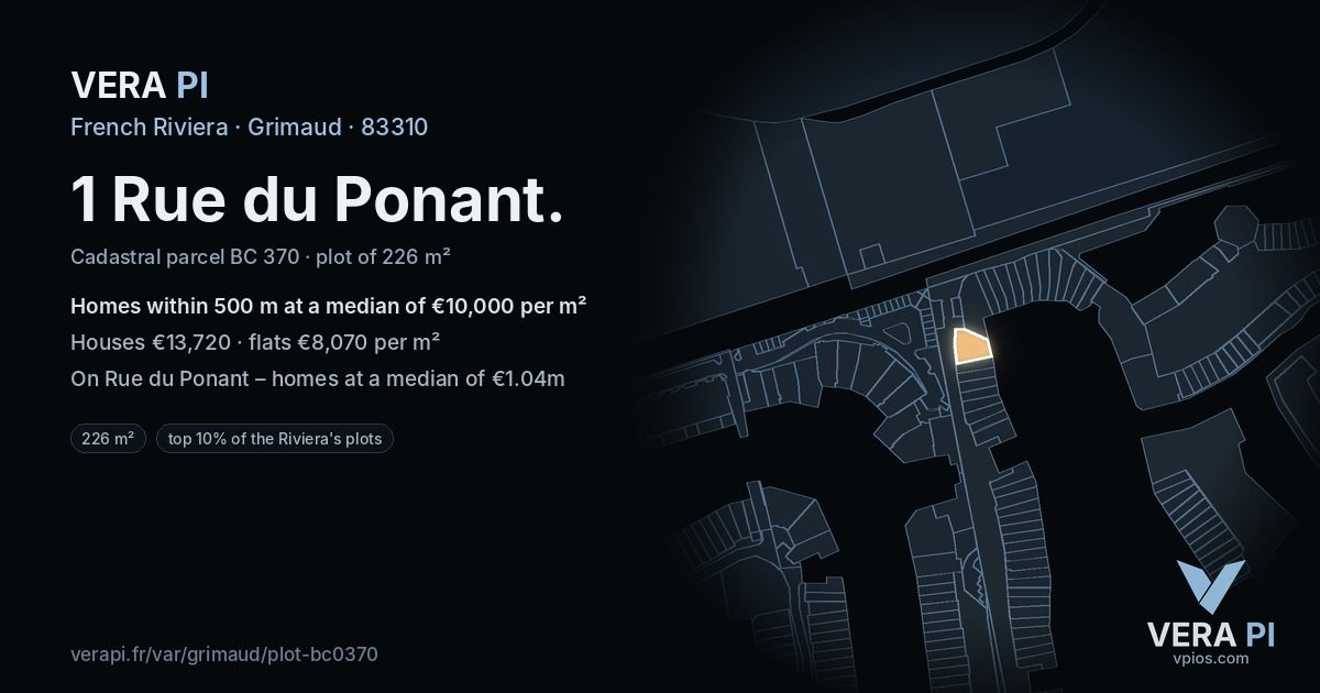 1 Rue du Ponant, Grimaud at night – the plot lit, the parcels around coloured by the prices near them