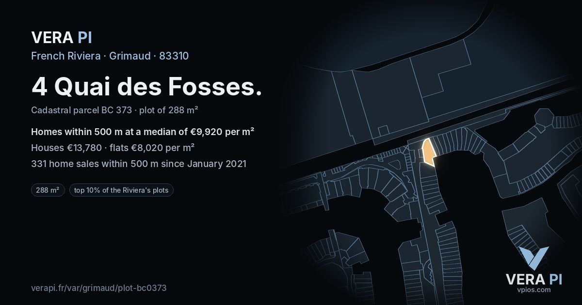 4 Quai des Fosses, Grimaud at night – the plot lit, the parcels around coloured by the prices near them