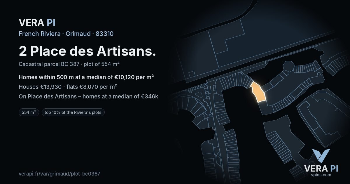 2 Place des Artisans, Grimaud at night – the plot lit, the parcels around coloured by the prices near them