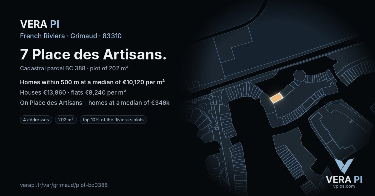 7 Place des Artisans, Grimaud at night – the plot lit, the parcels around coloured by the prices near them