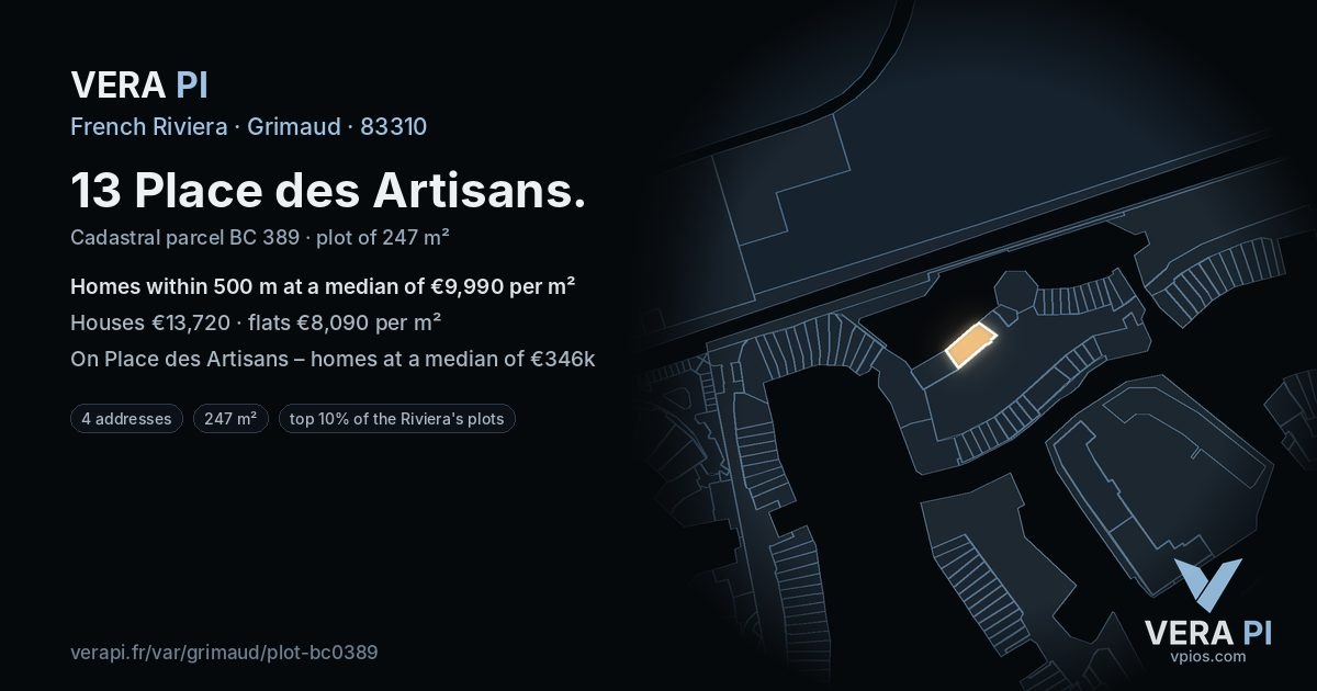 13 Place des Artisans, Grimaud at night – the plot lit, the parcels around coloured by the prices near them