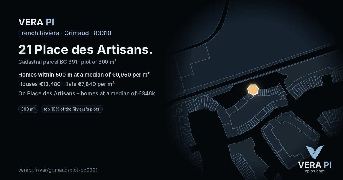 21 Place des Artisans, Grimaud at night – the plot lit, the parcels around coloured by the prices near them