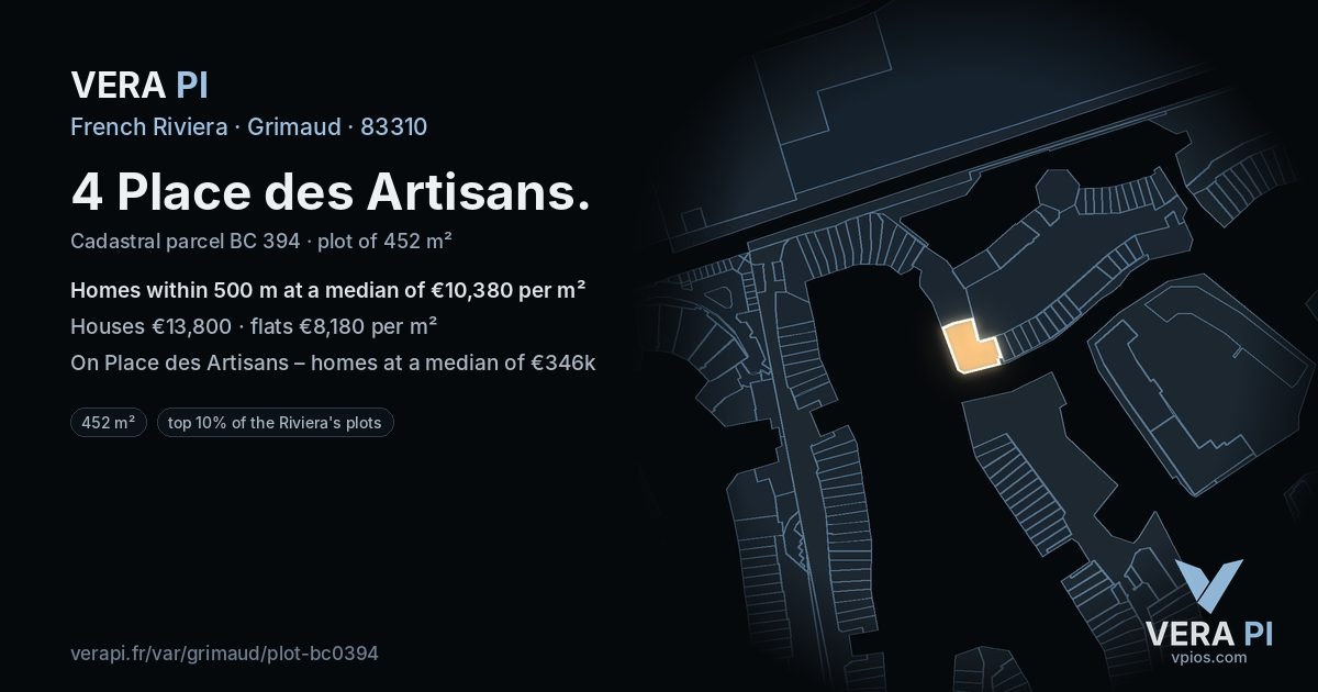 4 Place des Artisans, Grimaud at night – the plot lit, the parcels around coloured by the prices near them
