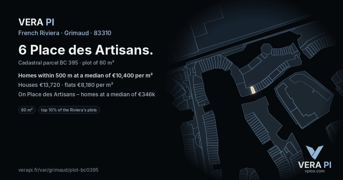 6 Place des Artisans, Grimaud at night – the plot lit, the parcels around coloured by the prices near them