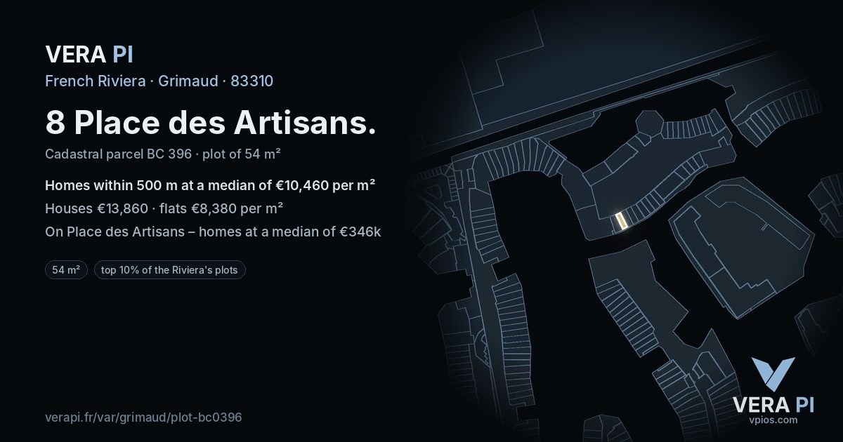 8 Place des Artisans, Grimaud at night – the plot lit, the parcels around coloured by the prices near them