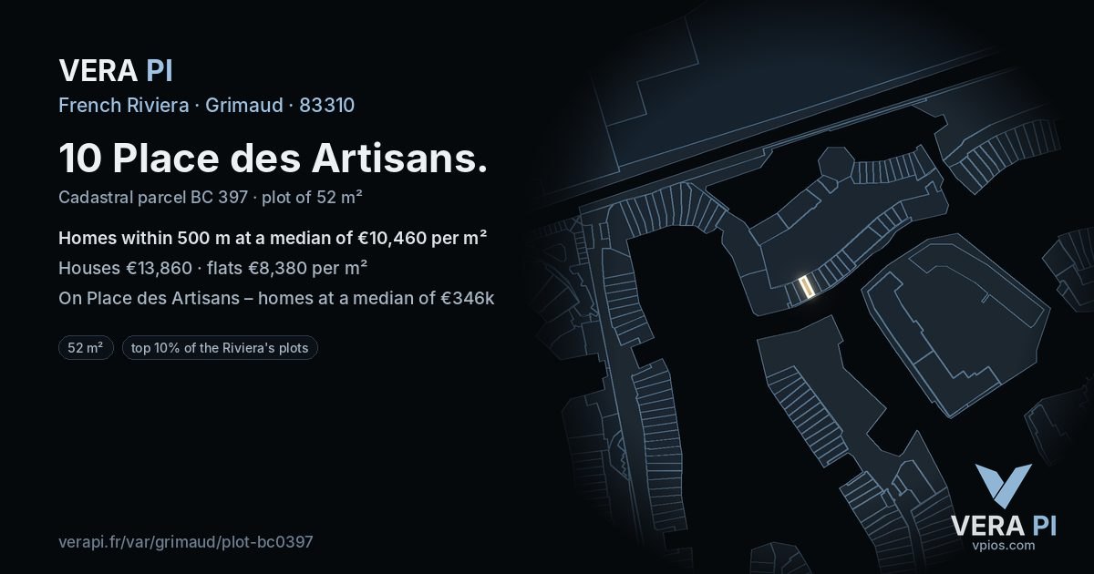 10 Place des Artisans, Grimaud at night – the plot lit, the parcels around coloured by the prices near them
